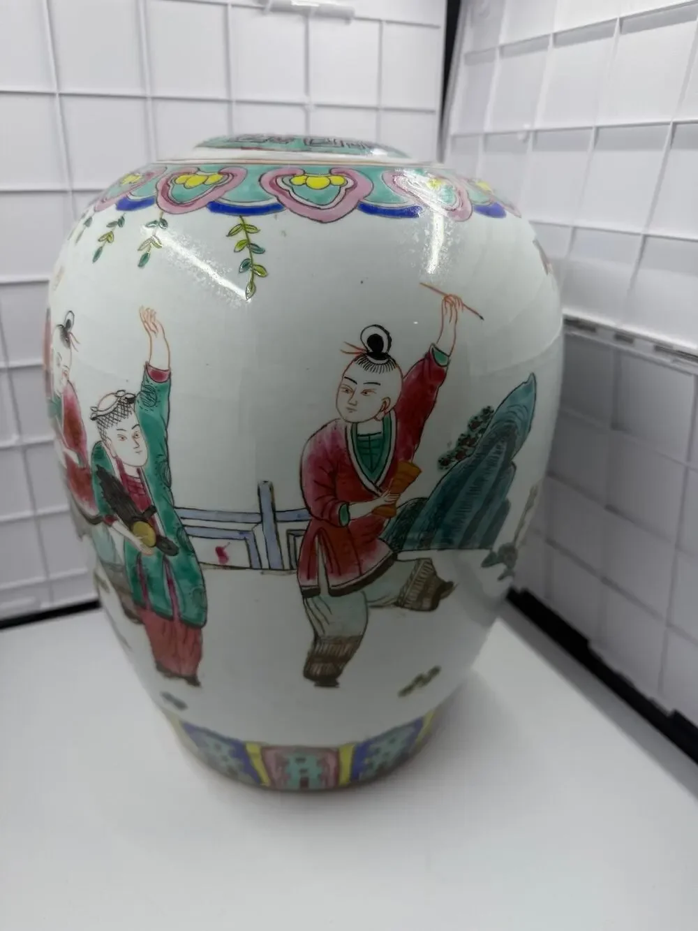 Antique Chinese Qing Porcelain Famille Rose Ginger Jar Covered Vase/Lamp Base